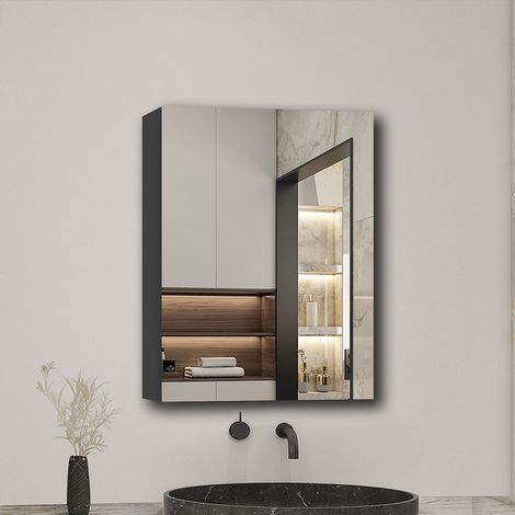 Acezanble Bathroom Mirror Cabinet 40x70cm Wall Storage Cupboard Grey MDF (1/4)