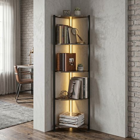 Bibliothèque d'angle à 5 niveaux avec éclairage LED pour salon, chambre, bureau, marron rustique (1/5)