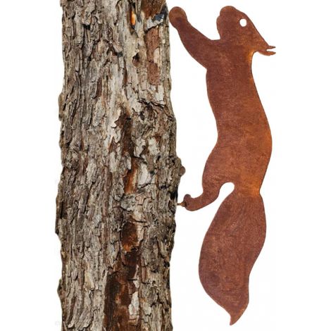 Décoration de jardin Écureuil dans un arbre : Sculpture en métal de 41,9 cm, couleur rouille naturelle, idéale pour les jardins. (1/5)