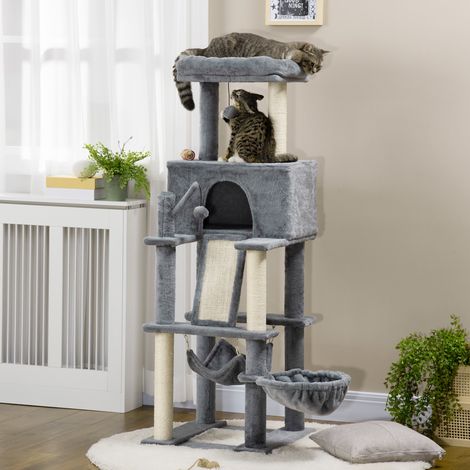 Arbre à chat avec poteaux en sisal. Maison, lit et hamacs. 48 x 48 x 140 cm. Gris. (1/5)