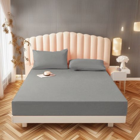 Parure de lit (avec deux taies d'oreiller de 50 x 75 cm), en microfibre de polyester, adaptée aux matelas jusqu'à 30 cm d'épaisseur, 120 x 200 x 30 cm, gris clair (1/4)