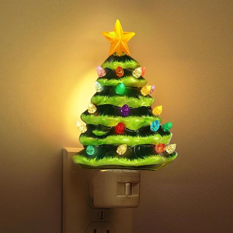 Veilleuse LED en forme de sapin de Noël, veilleuse en céramique pour enfants, avec interrupteur et ampoule colorée, conception rotative à 360 degrés, idéale pour la décoration de Noël. (1/5)