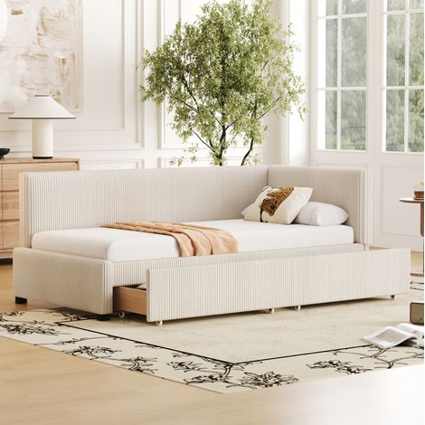 Divano letto imbottito 90 x 200 cm con 2 grandi cassetti e rete a doghe in velluto morbido, beige, senza materasso (1/5)