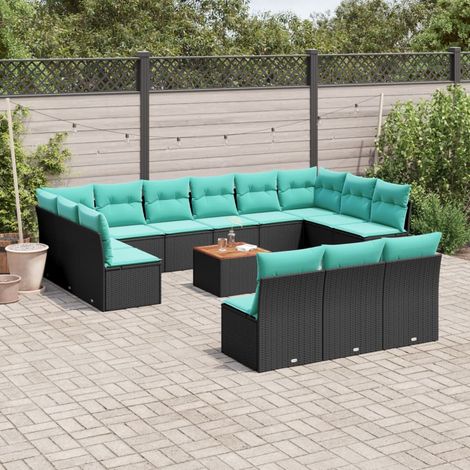 Salon de jardin 14 pièces avec coussins bleus, résine tressée noire et table en acacia - PANGIVO (1/5)