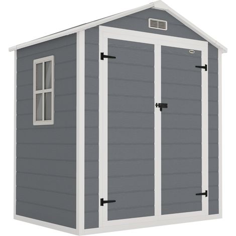 6'x4.5' Garden Storage Shed, Lockable Garden Shed with Double Doors, Window, Vent and Plastic Roof, Grey
