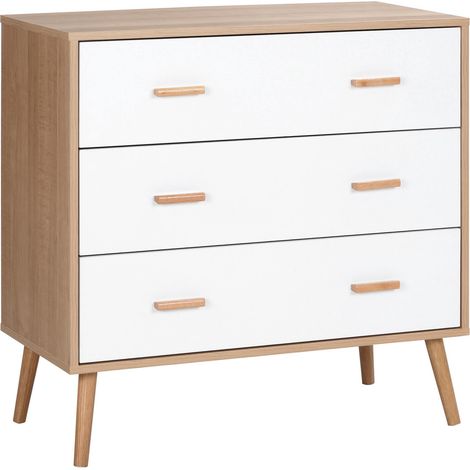 HOMCOM Commode Design scandinave sur Pieds 3 tiroirs coulissants Pieds effilés inclinés Panneaux Particules Blanc Aspect Bois Clair