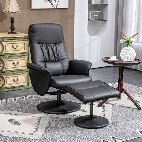 Sillón reclinable con otomana, respaldo abatible hasta 145°, reposapiés, polipiel negra y metal (1/5)