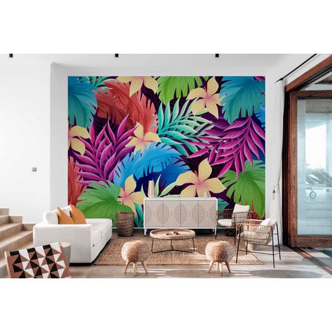 Papier Peint Tropical - Fleurs et Feuilles Colorées - 150 x 250 cm (1/2)