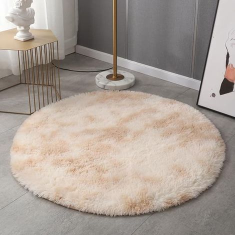 Tapis rond à poils longs, 120x120 cm, confortable et moelleux, antidérapant, beige. (1/4)