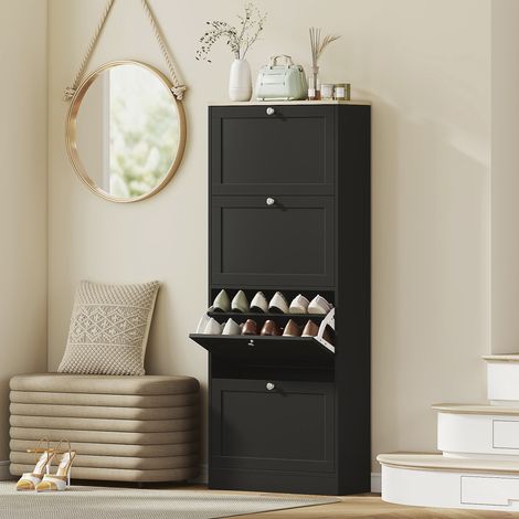 Scarpiera per 24 paia, mobile contenitore per scarpe con 4 cassetti a ribalta, ripiani regolabili, 60x23,5x151 cm, nera