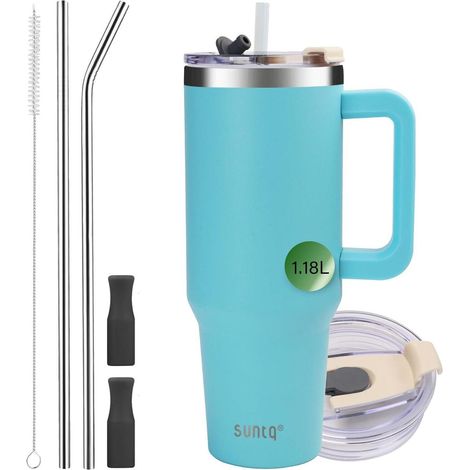 40oz SUNTQ Travel Coffee Mug with Handle Straw Lid Stainless Steel Tumbler Blue (1/5)