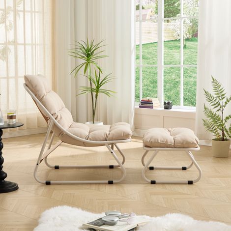 Fauteuil de jardin avec repose-pieds, fauteuil inclinable confortable avec coussin moelleux et repose-pieds, idéal pour le salon, la chambre ou le coin lecture, structure et coussin beiges (1/5)