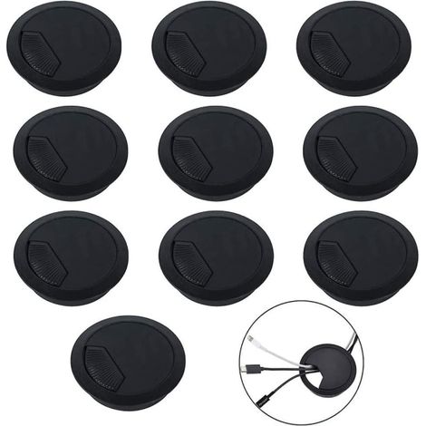 Lot de 10 passe-câbles ronds 60 mm avec brosse, cache-trous encastrables en plastique noir pour bureau et meuble, organisation et protection des câbles (1/5)