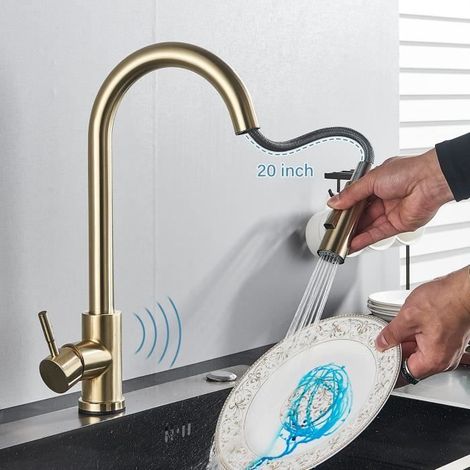 1 Robinet de cuisine, Commande tactile, Or brossé, Douchette extractible, 2 modes, Rotation 360°, Cuisine