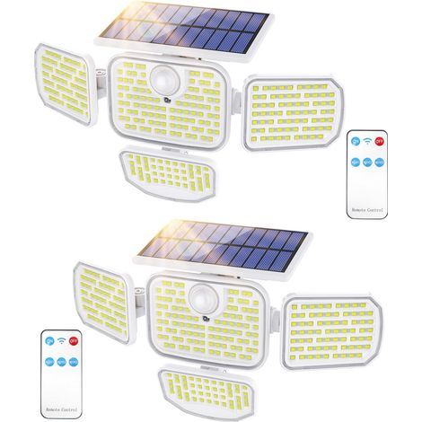 Lampes Solaires Extérieures avec Détecteur de Mouvement, 286 LED, 3 Modes, Étanches IP65, Télécommande Incluse, Éclairage Solaire Jardin, Garage, Terrasse, Balcon, Entrée, Lot de 2