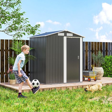 Coffre de jardin en acier avec toit incliné et 4 bouches d'aération, 152x132x188 cm, pour rangement d'outils extérieurs. (1/5)
