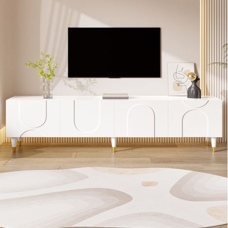 Meuble TV lowboard 180 x 40 x 50 cm, 4 portes, relief arqué asymétrique, blanc DESVIAE (1/5)