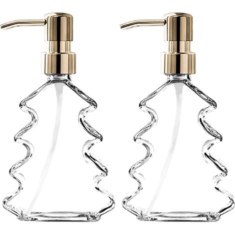 2 dispensadores de vidrio con forma de árbol de Navidad, 350 ml, bomba de acero inoxidable, recargables para baño/cocina. (1/5)