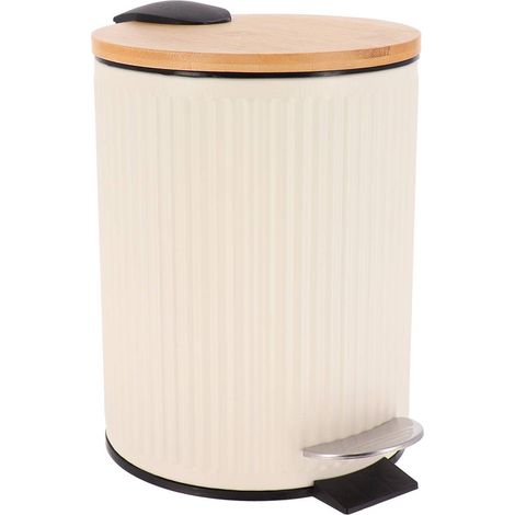 Poubelle metal strie/couvercle bambou frein de chute 3l - ivoire - Tendance (1/5)