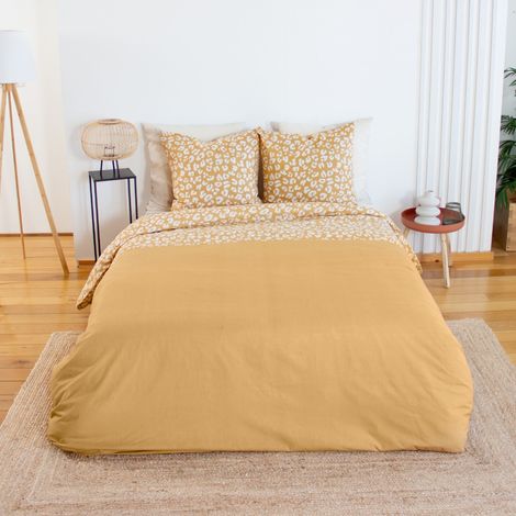 Parure de lit coton réversible 2 places imprimé léopard jaune - Juliette 240 x 220 cm