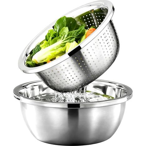 Lot de 2 passoires et bols en acier inoxydable empilables avec bol, passoire pour nourriture de cuisine, pour laver les pâtes, les fruits, les légumes, durables et passent au lave-vaisselle (24 (1/5)