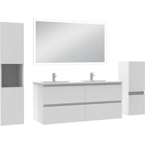 Acezanble Ensemble meuble Salle de Bain 120cm avec double vasque et colonne et miroir lumineux dimmable blanc (1/5)