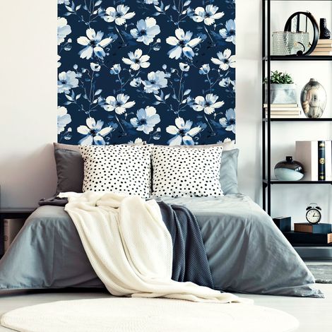 Papier peint intissé pré-encollé - SCANDINAVE FLEURS CHAMPÊTRE BLEUES ET BLANCHES - 1 rouleau de 300x60cm (1/5)