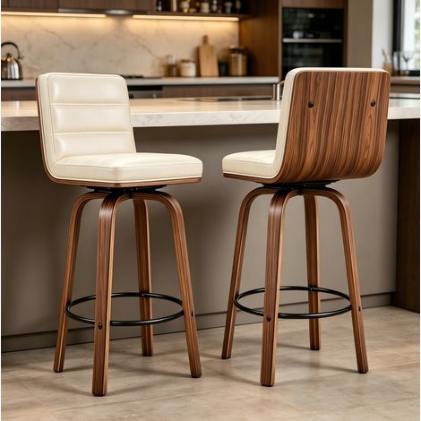 Tabouret de Bar Pivotant en Similicuir PU, Dossier Ergonomique, Anneau Repose-Pieds, Bois et Métal, Crème (1/5)