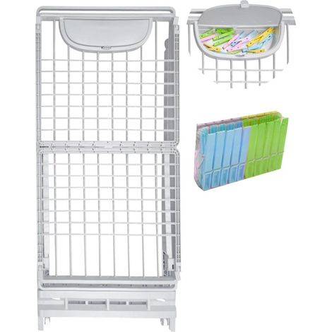 Tendedero Plegable con Ruedas de Resina con 21m de Tendido Clips para Perchas y Cierre de Seguridad Incluye Cajón para Pinzas
