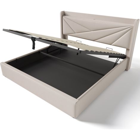 Letto matrimoniale contenitore 160x200 in lino beige con USB-C e rete a doghe MODENUIT (1/5)