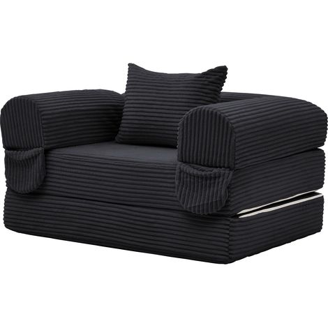 Canapé convertible 1 place 120x85x65 cm, velours côtelé , transformable en lit, avec coussin, noir (1/5)