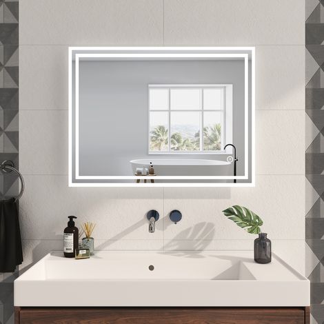 EMKE Miroir lumineux de salle de bain 80x60cm, Miroir de salle de bain avec Interrupteur Tactile, Anti-buée, Dimmable, Miroir LED avec Lumière Blanche Froide (1/5)