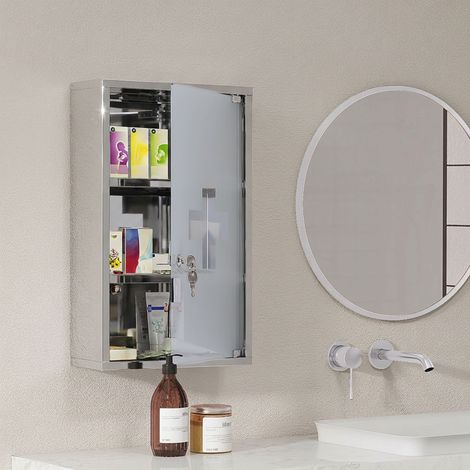 Armoire à pharmacie murale à 3 niveaux en acier inoxydable avec porte verrouillable en verre avec 2 clés