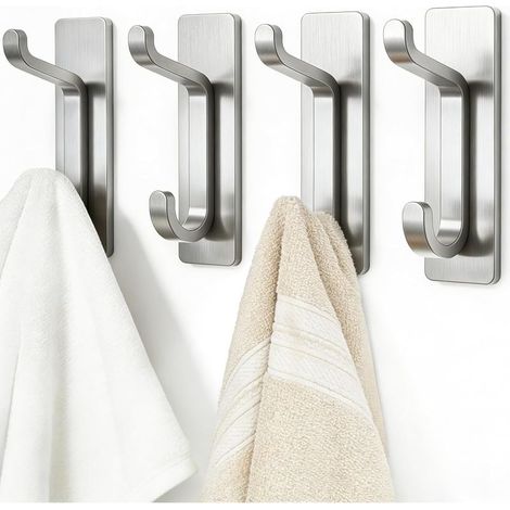No-Drill Adhesive Towel Rack, Extra Strong, 6 kg – Self-Adhesive Wall Hooks for Bathroom, Set of 4, Silver (1/4)