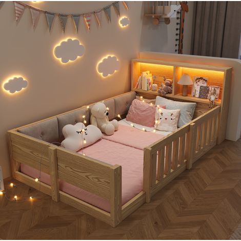 Flachbett, 90 x 200 cm, Kinderbett mit Gitter, Mit gepolsterten Bettseitenm, Ohne Matratze, Minimalistischer Stil, Mit LED-Lichtleiste, Natur (1/5)