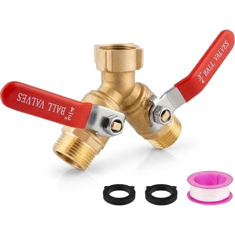 Répartiteur d'eau 2 Voies, Adaptateur Robinet Tuyau Arrosage en Laiton, Valve en Y 3/4" pour Robinet Exterieur Jardin, connecteur à Haut Débit, Grandes Poignées, pour Arrosage Jardin (1/5)