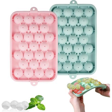 2-teiliges Silikon-Eiswürfelform-Set, Eiswürfelformen mit Deckel, 25 Mini-Rundeiswürfelformen, BPA-frei, stapelbar und wiederverwendbar, für Gelee, Milch, Saft, Cocktails, Whisky (Rosa und Blau) (1/5)