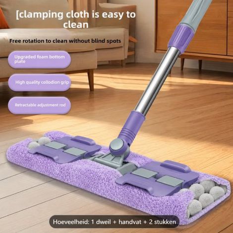 Balai plat en microfibre – Balai rotatif à 360° – Manche réglable – Lingettes de nettoyage réutilisables – Violet – 32 x 12 cm (1/3)