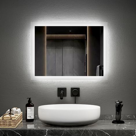 EMKE LED Wandspiegel mit Anti-Beschlag 45x60cm Mechanischem Schalter Kaltweiß Warmweiß mit Satinierter Rand
