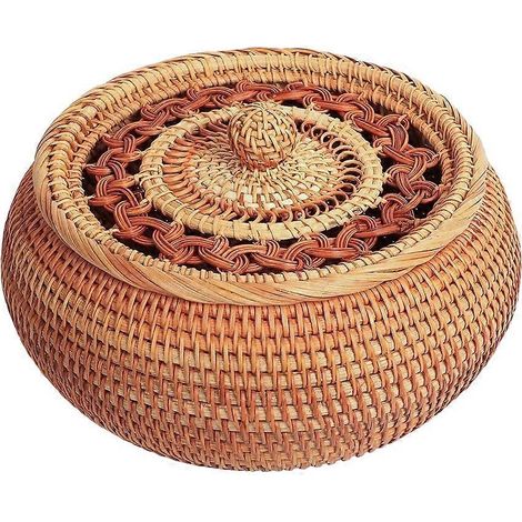 Panier en rotin tressé à la main avec couvercle, boîte de rangement en osier naturel multi-usage pour la cuisine et le salon. (1/5)