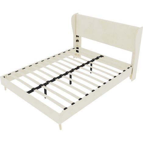 Cama tapizada beige 140 x 200 cm con cabecero suave, estructura baja de tela y metal, HOMVRA (1/5)