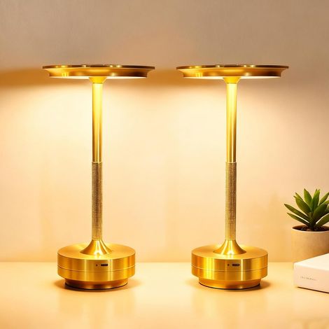 Lampe de bureau sans fil, 2000 mAh, lampe de chevet LED tactile tricolore à intensité variable, dorée - Lot de 2 (1/5)