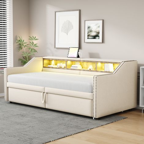 Lit rembourré canapé-lit lit 90/180 x 200 cm,compartiment de rangement multifonctionnel,lumière LED et prise USB,cadre à lattes,beige