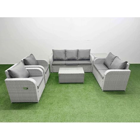 Fimous PE Rattan Garden Furniture Set Adjustable Chair Sofa Double Love Seat 2 Seater Sofa Lounge Set Oblong Coffee Table Side Table Light Grey (1/4)