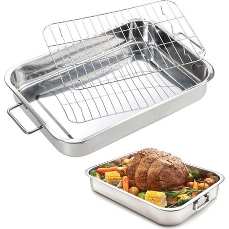 Plaque de cuisson antiadhésive en acier inoxydable Irovami avec grille, 38 x 28 cm, pour rôtir poulet, légumes et dinde, couleur argent. (1/5)
