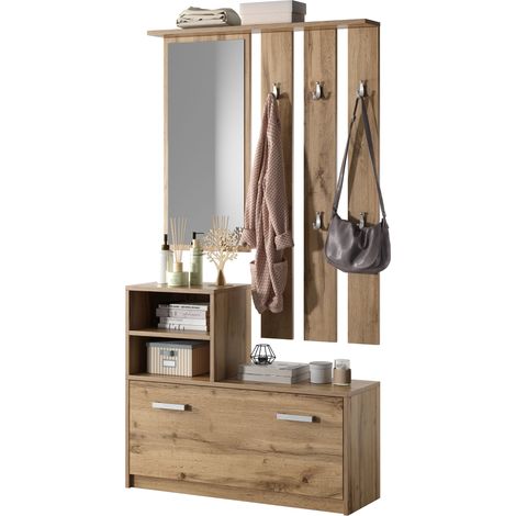 Selsey – Vestiaire d'entrée multifonctionnel 85 cm – Armoire à chaussures, miroir, 2 niches ouvertes – Panneaux mélaminés finition mate – Pour petites entrées (1/5)