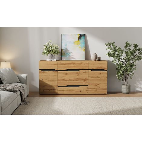 Armoire de salon de 1604080 cm meubles de côté avec 2 portes et 4 tiroirs. Armoire à manger. Compartiments de rangement sans poignées. Meuble de support pour le canapé. Couleur en bois + noir. (1/5)