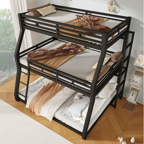 MODFU – Letto a castello triplo 140x200 cm in metallo nero con 3 posti letto, scala reversibile e carico 150 kg – Nero (1/5)