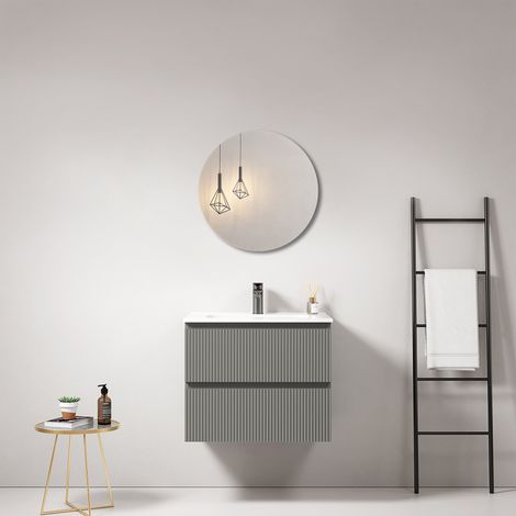 Mobile bagno sospeso cannettato 60 cm Grigio Londra Lavabo in Ceramica Specchio Tondo - Fiji Paint
