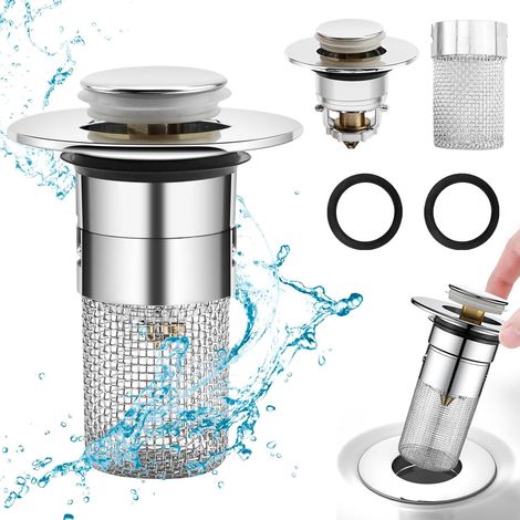 Pop-up-Spülbeckenstöpsel mit Sieb - Mit Sieb - Mit Haarfilter - Universell - Pop-up - Edelstahl - Mit Sieb für Abflussrohre mit 34 bis 40 mm Durchmesser (1/5)